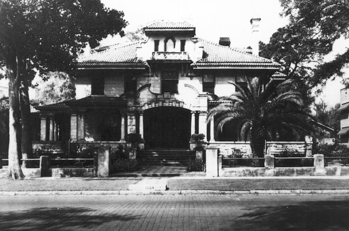 Flemming Mansion in historic Riverside, black and white stone building with Spanish tile roof