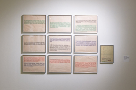Installation image of Face-Surface, a complete series of nine typographic lithographs by Sarah Charlesworth and Joseph Kosuth