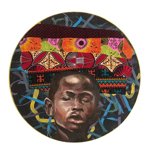 painting of a young boy in a circle with vivid patterns behind him