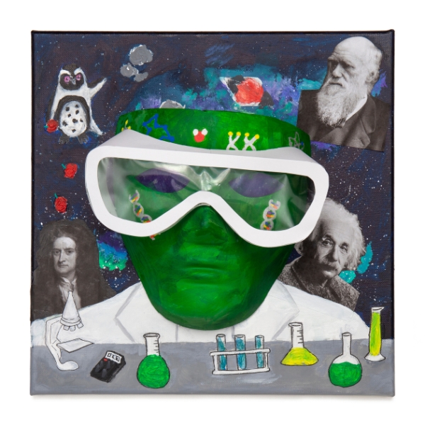painting featuring a mask wearing goggles surrounded by scientists and scientific gear