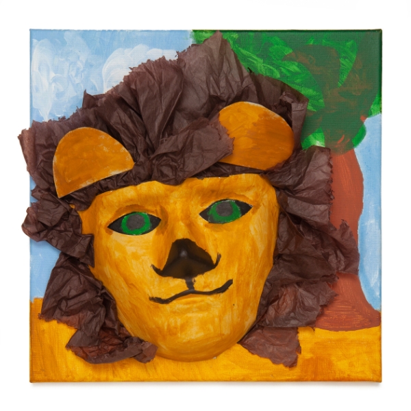 painting featuring a mask that looks like a lion with a paper mane