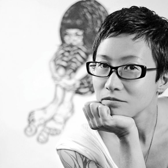 black and white profile image of artist Hiromi Moneyhun