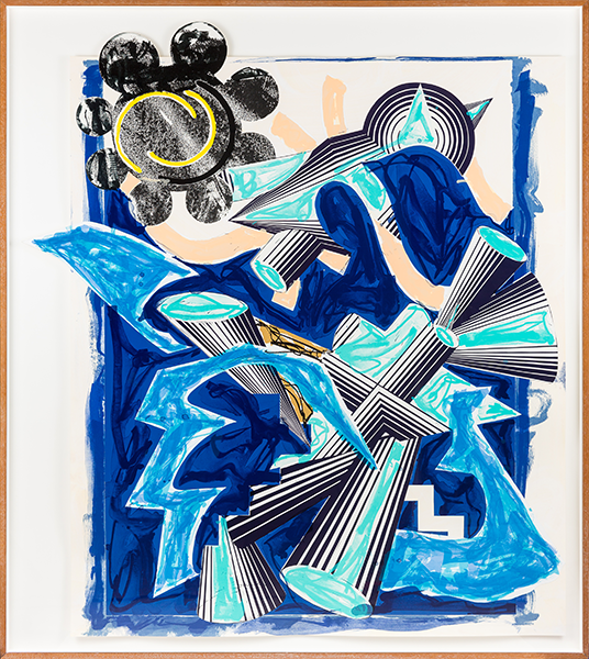 screenprint, lithograph, and collage by Frank Stella featuring shapes and shades of blue