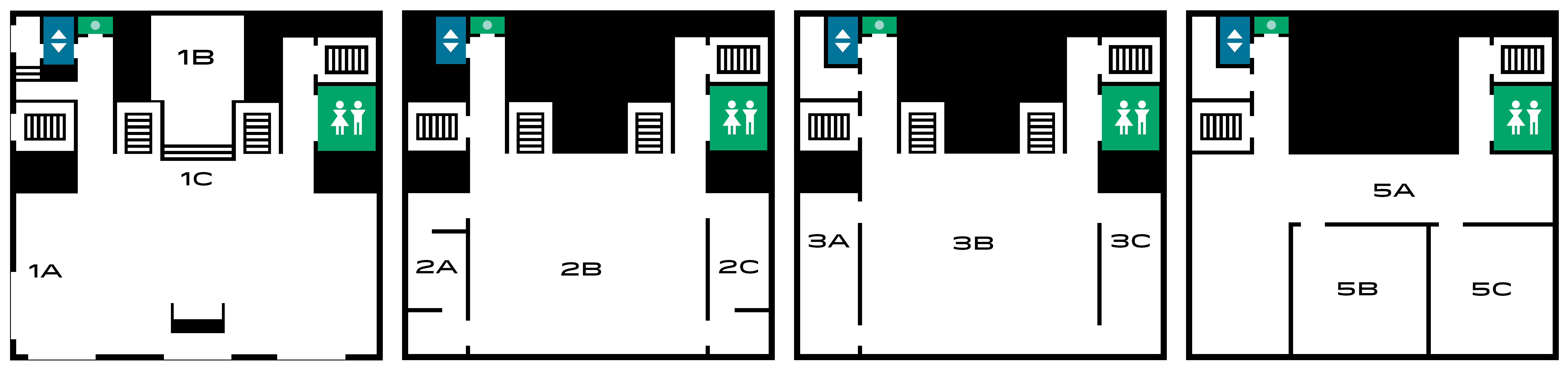 Map of basic layout of MOCA building with floors 1, 2, 3, and 5 shown .