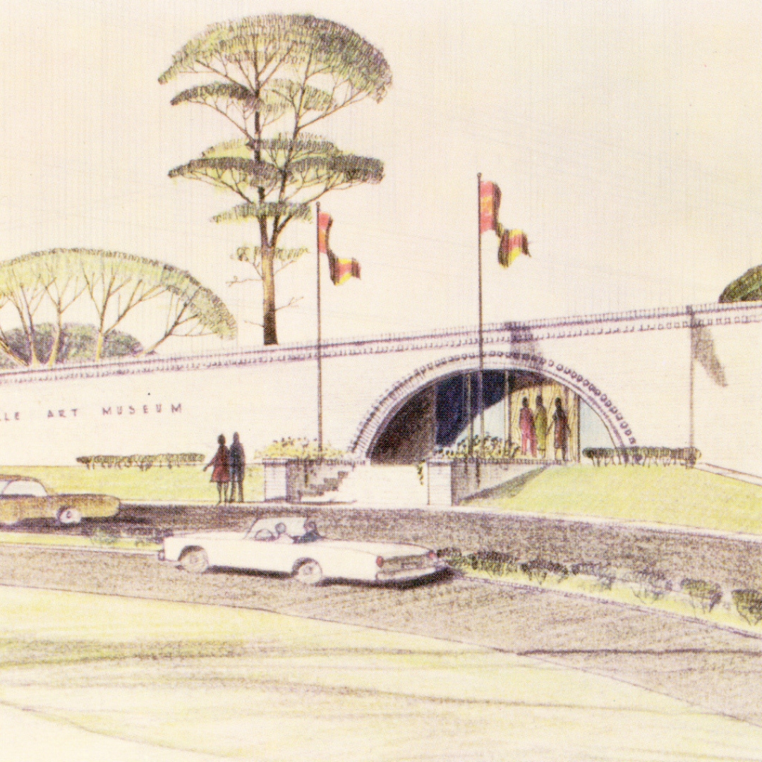 detail of a postcard drawing depicting the Jacksonville Art Museum at the Koger building