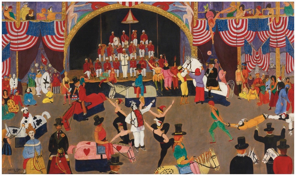 Wood Gaylor Painting of a circus with horses, musicians, and acrobats
