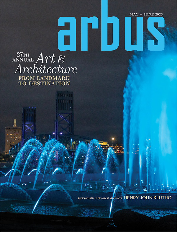 The cover of Arbus Magazine May/June 2023 issue featuring Friendship Fountain lit up at night