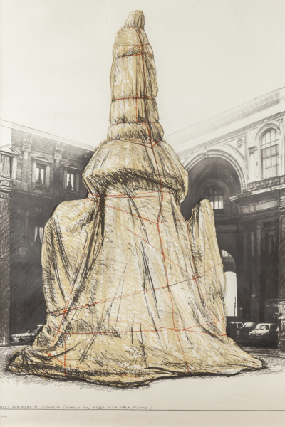 print featuring a monument wrapped and covered with a cloth
