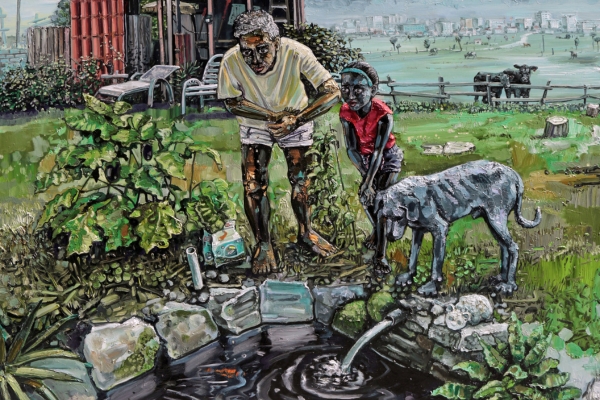 Painting by Amer Kobaslija titled Fish Feeders, Orange Park