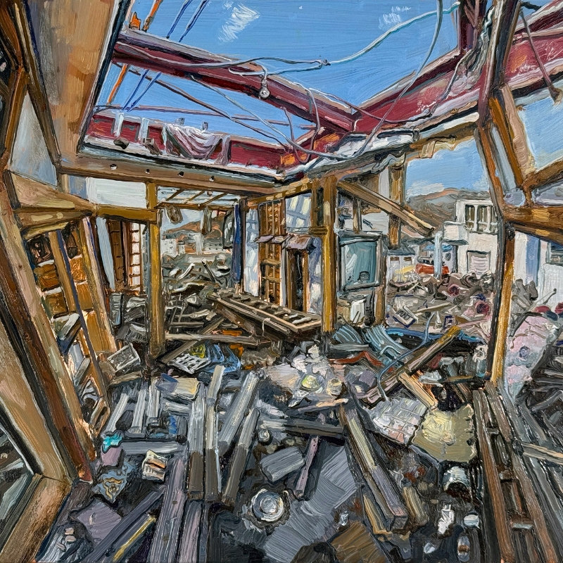 Painting by Amer Kobaslija titled Ruined House Near Kesennuma Port