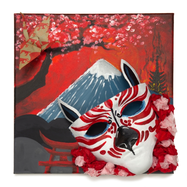 painting featuring a mask, mountain, cherry blossoms, and paper cranes