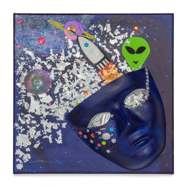 painting featuring a mask in space with a rocket, alien, and planets