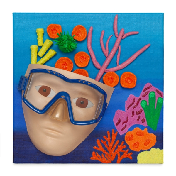 painting featuring a mask wearing goggles surrounded by colorful coral underwater