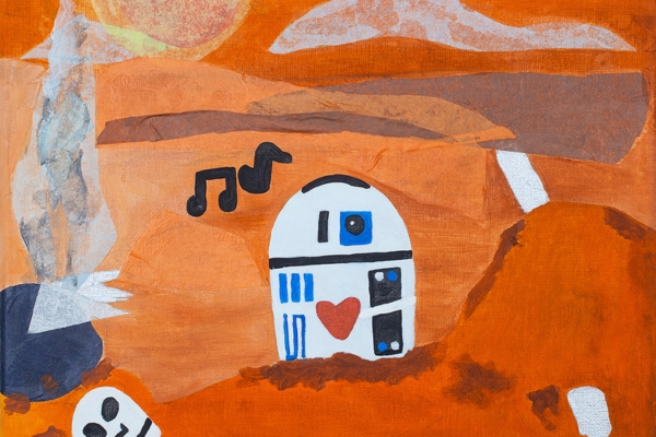 ‘Love in the Desert’ by Cation, depicting R2-D2 with a red heart on its body in an orange desert landscape, with black musical notes overhead.