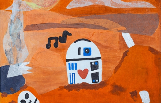 ‘Love in the Desert’ by Cation, depicting R2-D2 with a red heart on its body in an orange desert landscape, with black musical notes overhead click for more information about this exhibition