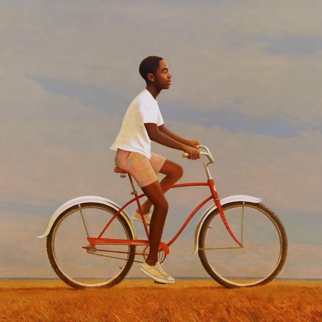 Bo Bartlett oil on linen painting titled Georgia featuring a boy riding a bicycle