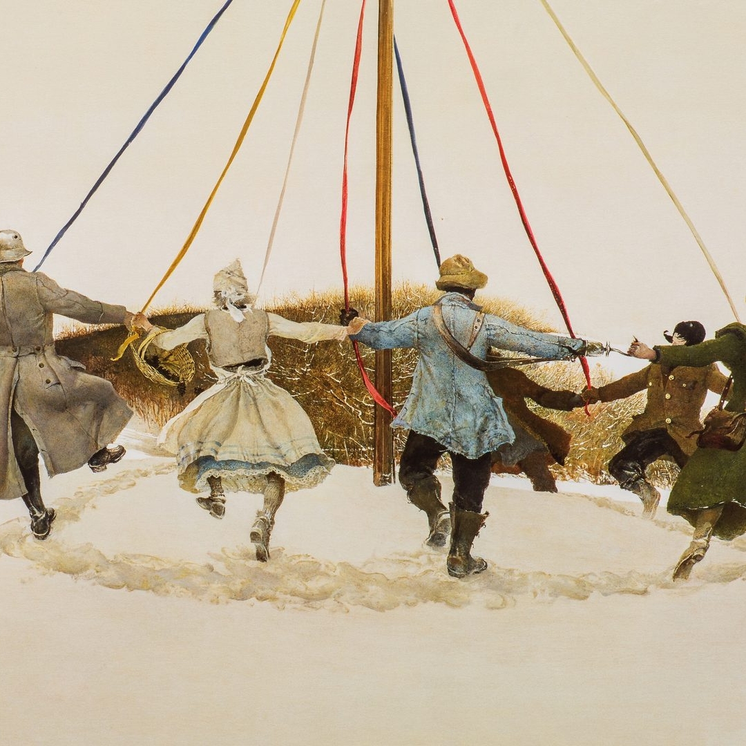 Detail of a painting titled Snow Hill by Bo Bartlett of people dancing around a maypole 