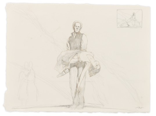 pencil drawing study by Bo Bartlett featuring a man holding a limp child 
