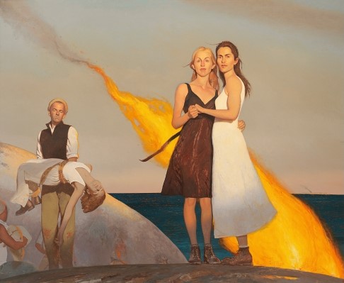 painting by Bo Bartlett featuring two women standing in front of a fire and a man off the side holding a limp child