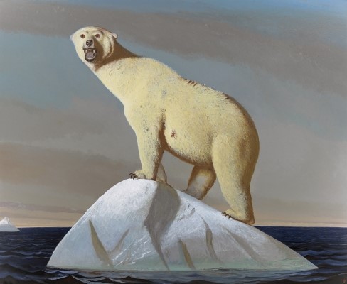 painting of an angry polar bear standing on a small chunk of ice