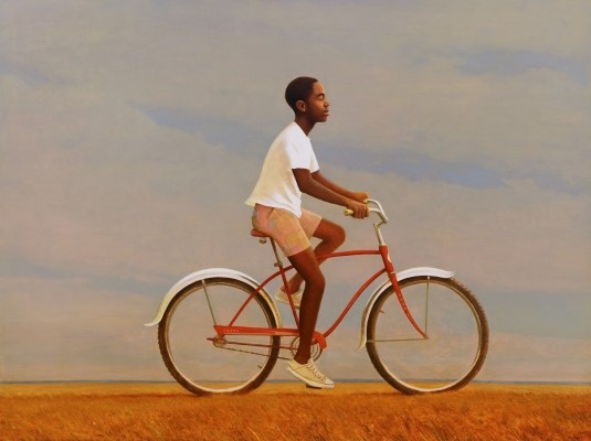 Bo Bartlett oil on linen painting titled Georgia featuring a boy riding a bicycle