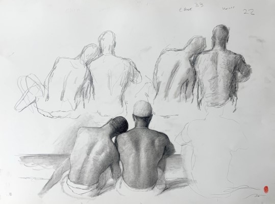 pencil drawing study by Bo Bartlett of two men sitting and leaning on each other