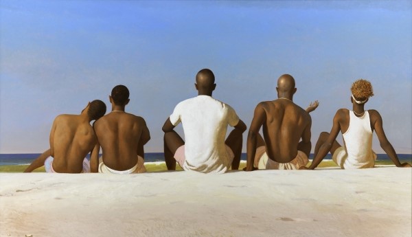 painting by Bo Bartlett featuring five men sitting on the beach looking out at the horizon