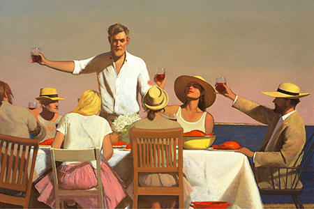 painting by Bo Bartlett titled Life During Wartime featuring a table of people holding up drinks to cheers