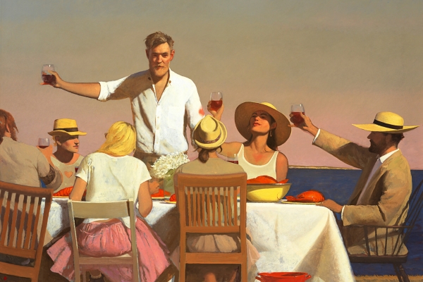 painting by Bo Bartlett titled Life During Wartime featuring a table of people holding up drinks to cheers