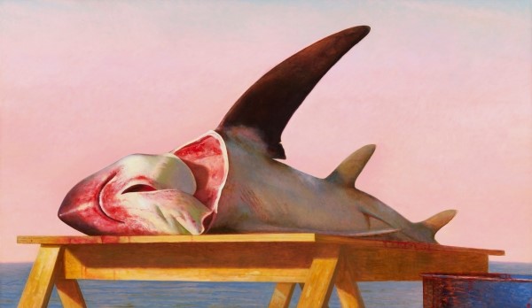 painting by Bo Bartlett of a cut open shark sitting on a table