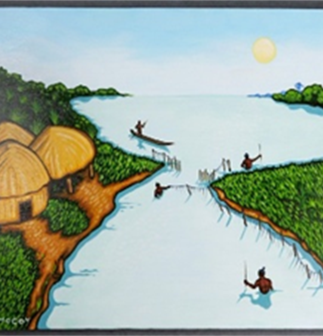 Illustration of canoes and thatched huts along a winding river.