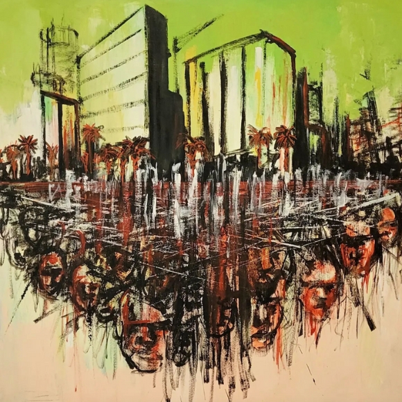 painting by Keith Doles titled Gentrification featuring abstract buildings and faces