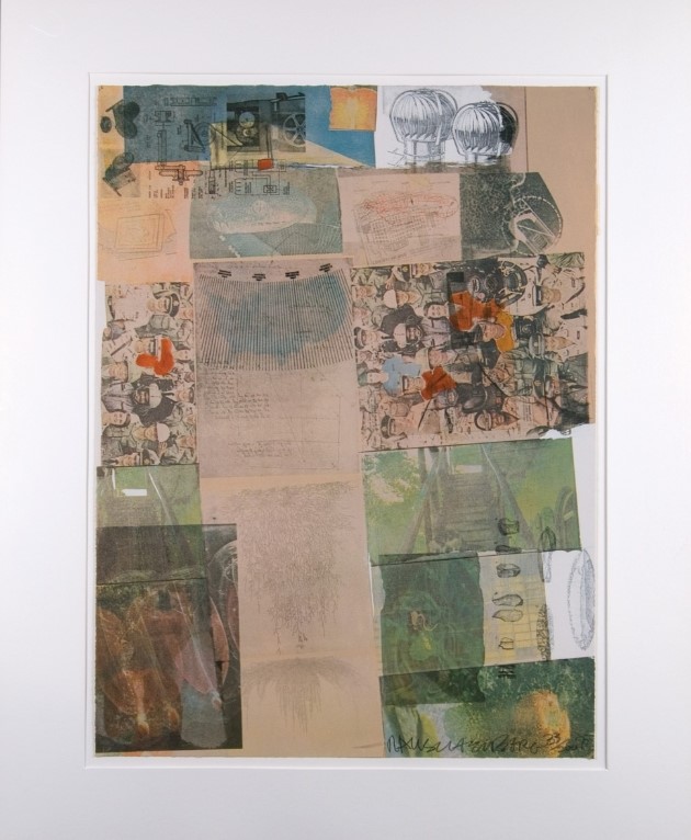 artwork by Robert Rauschenberg featuring a collage of images, prints, and writing