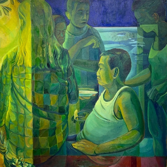 Painting of the artist’s father with figures by MJ Torrecampo