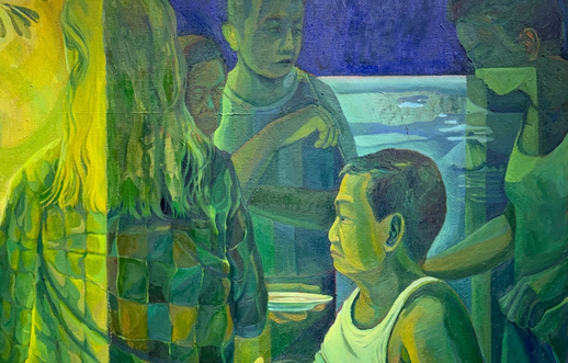 MJ Torrecampo painting of a seated man in profile among figures click for more information about this exhibition