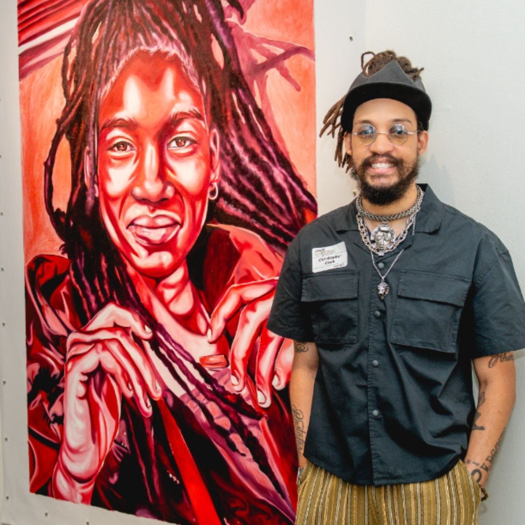 artist Chris Clark in front of his work featured in the MOCA exhibition Jax Contemporary