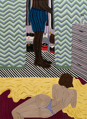 Reclined woman on a bed looking at man in closet in bedroom