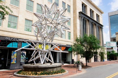 Jacksonville Stacked Stars by Frank Stella in front of MOCA.