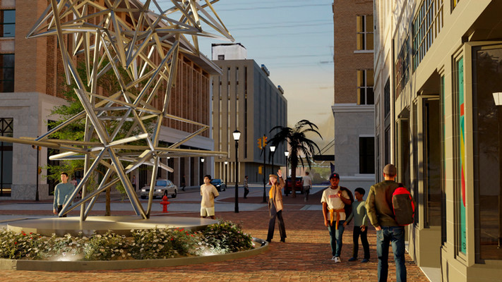 Partial view of 'Jacksonville Stacked Stars' in front of the museum