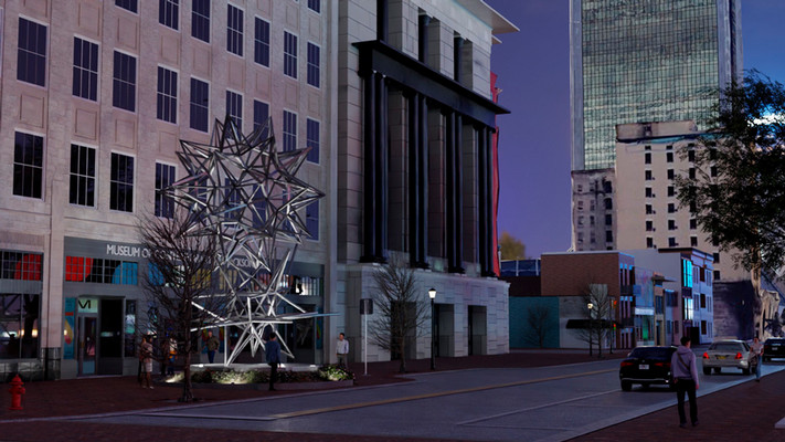 Night rendering of 'Jacksonville Stacked Stars' in front of MOCA