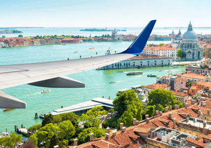 View out airplane window over Venice