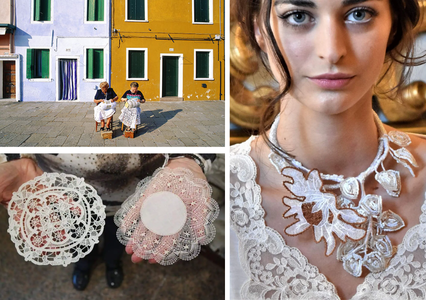 Three images of Burano with lace ladies and examples of lace