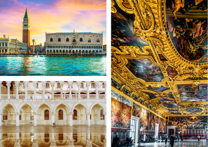 Images of Doge's Palace with exterior, ceiling mural and archways