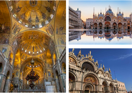 Images of gilded ceiling and exterior of St. Mark's Cathedral