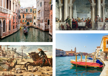 Two images of old Venice and two art images of Venetian paintings