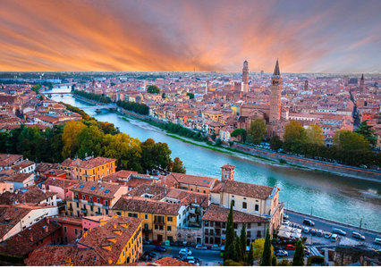 Arial city view of Verona at sunset